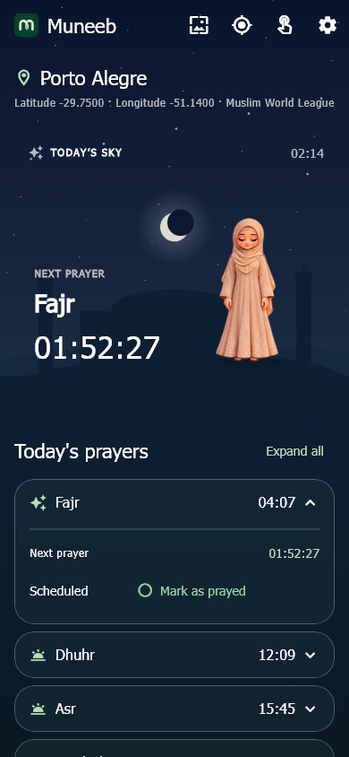 Muneeb prayer dashboard with next prayer countdown, mosque scenery and prayer times